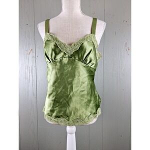 Vintage 90s Y2K Babydoll Cami Womens Juniors 9/10 Green Satin Lace Fairy Grunge